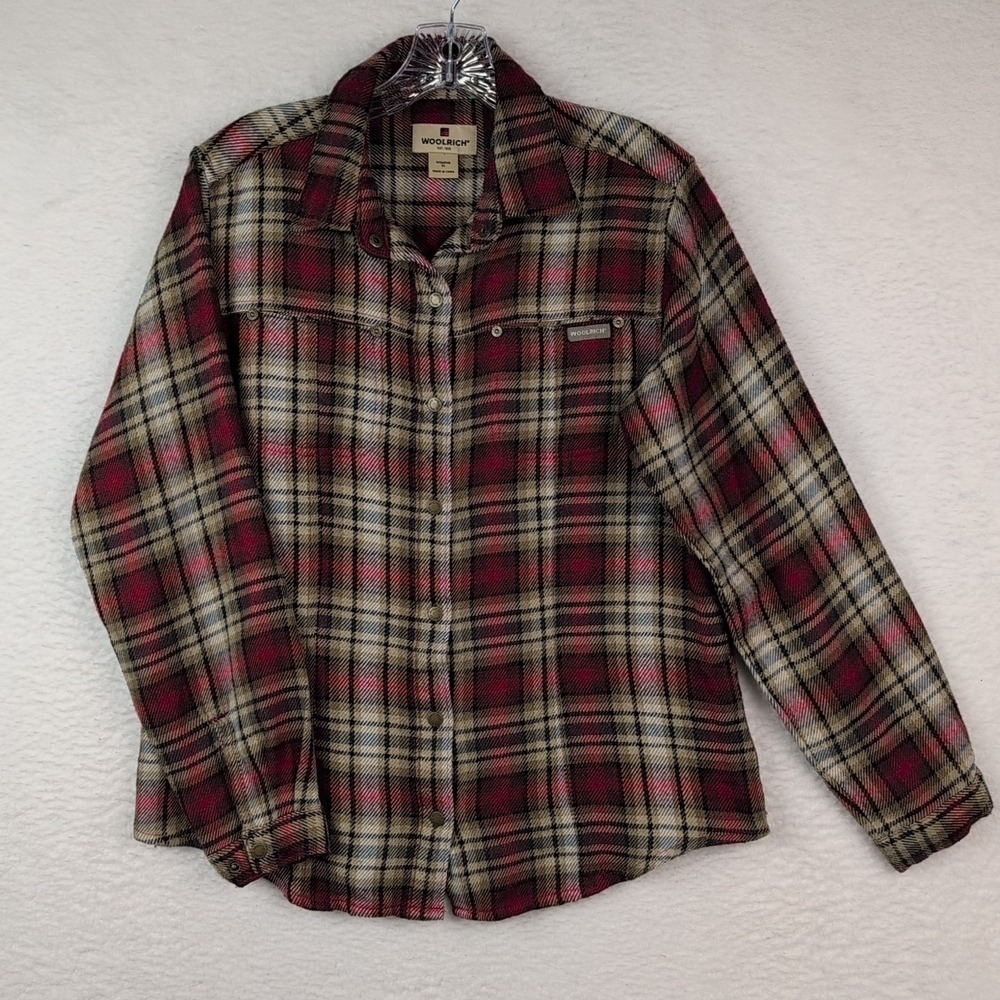 Woolrich Plaid Flannel Shirt Women's Medium Wool Blend Dark Ruby Red Tan Black